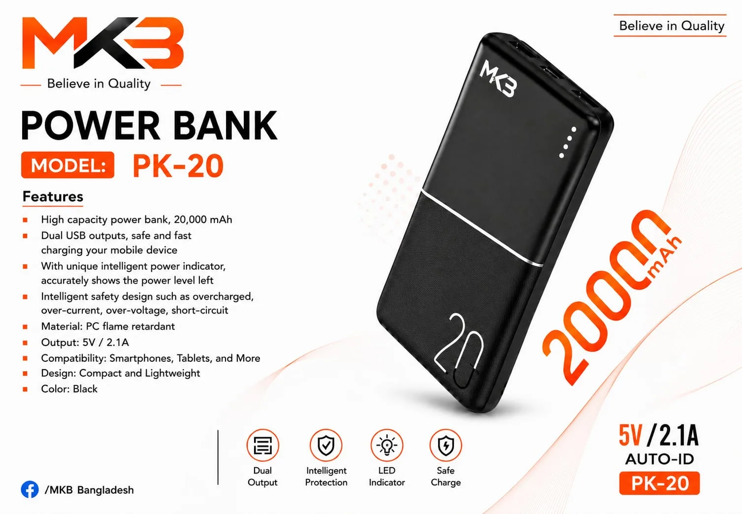 MKB PK20- 20000mAh POWER BANK LED DIGITAL DISPLAY(6 months warranty)
