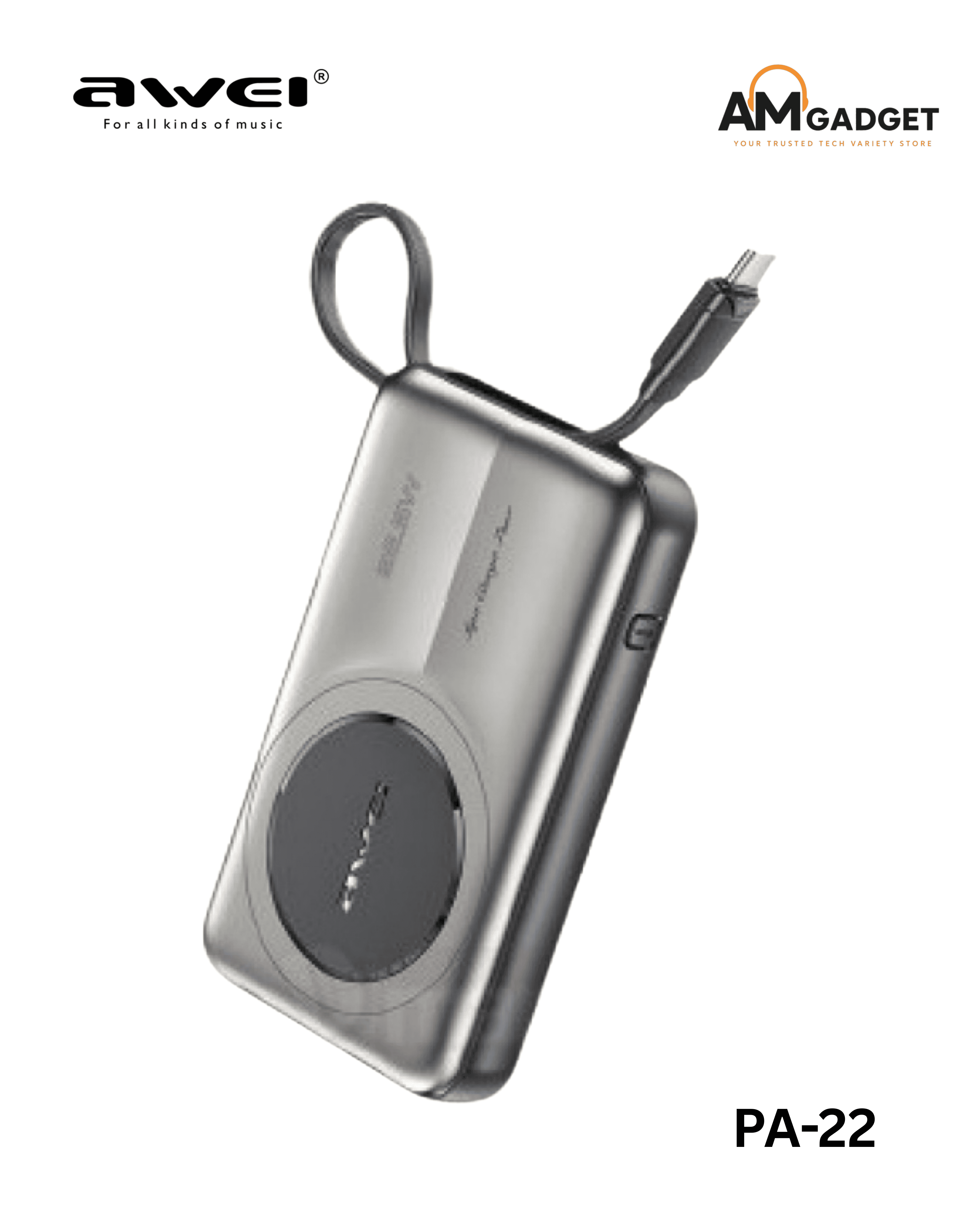 Awei PA22 10000mAh 22.5W Wireless Built-in Type Cable Power Bank