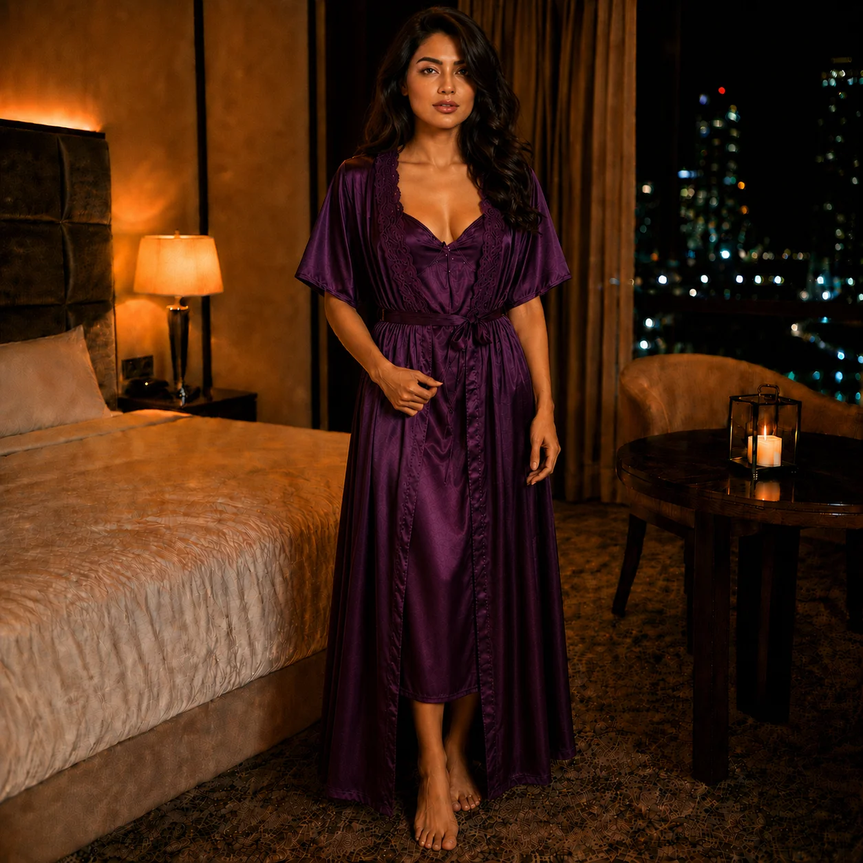 Premium 2 Part Cross-belt Nightwear - Deep Purple Color
