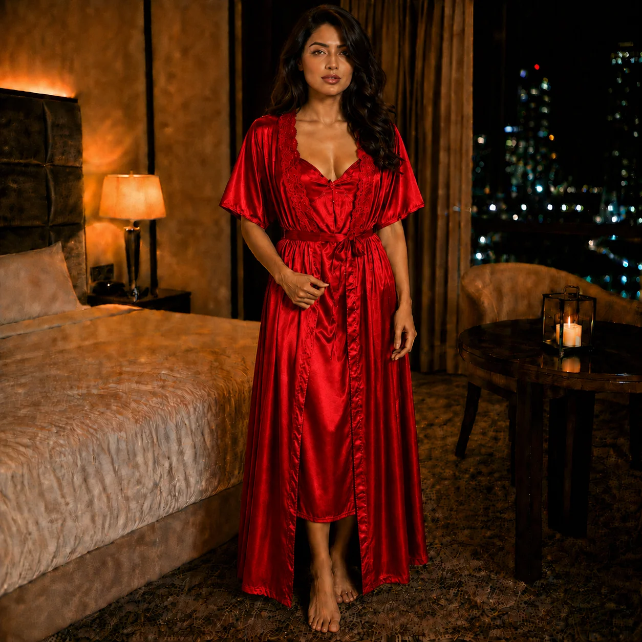 Premium 2 Part Cross-belt Nightwear - Red Color
