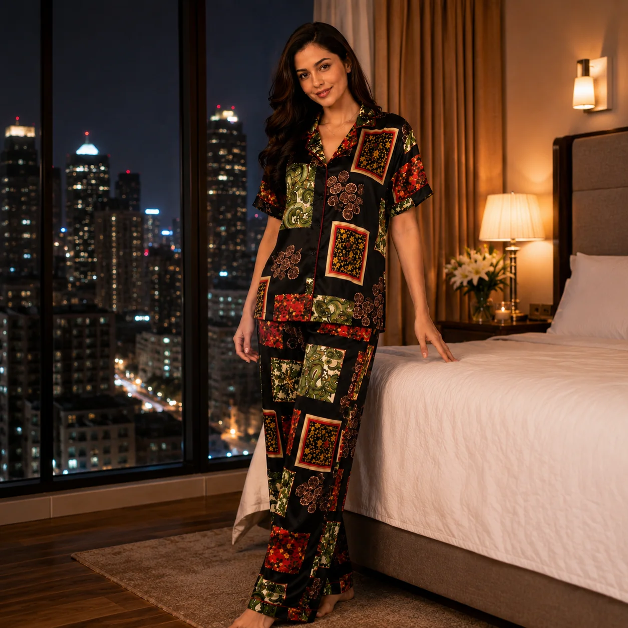 3 Part Printed Half Sleeve PJ Set - Red Black